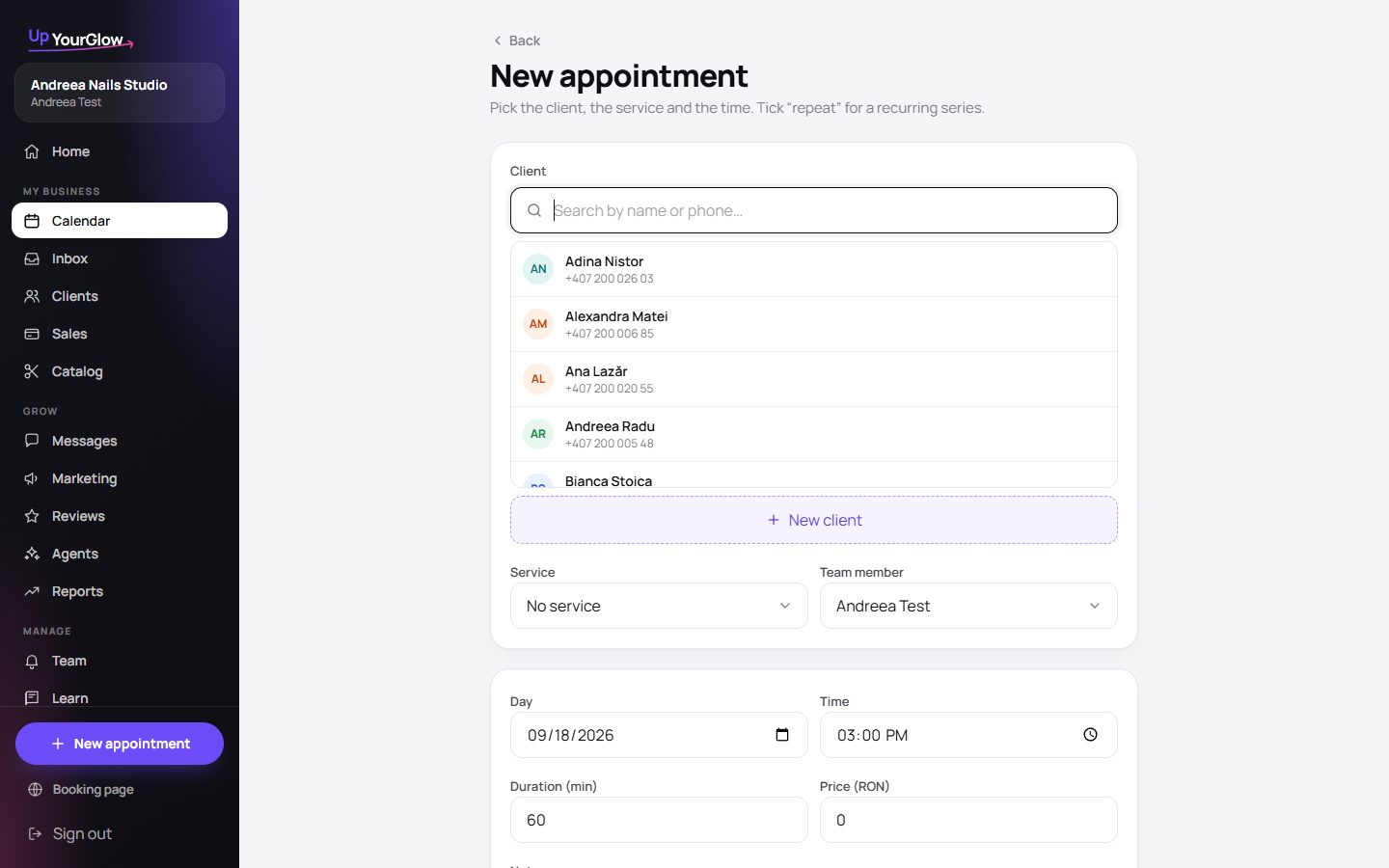 Screenshot: Log this week's appointments