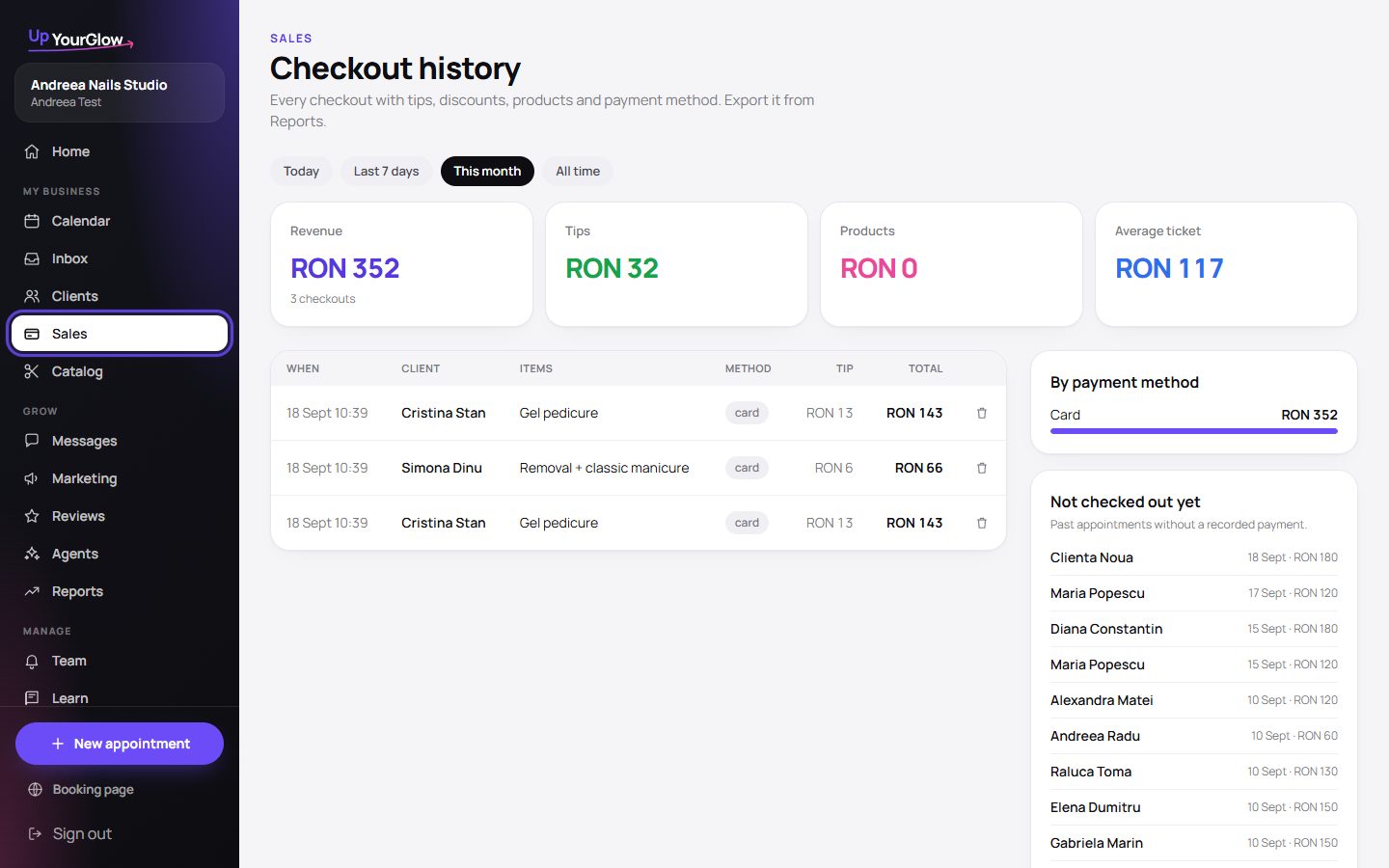 Screenshot: Sales history